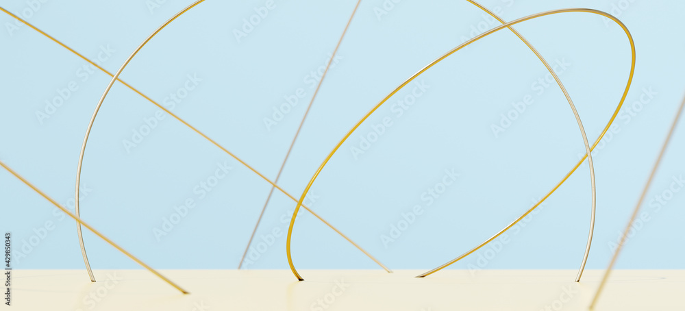 Minimal mockup concept for product presentation. Beige platform and golden circular wire on blue background. Clipping path of each element included. 3d rendering illustration. Minimal mockup concept for product presentation. Beige platform and golden circular wire on blue background. Clipping path of each element included. 3d rendering illustration.