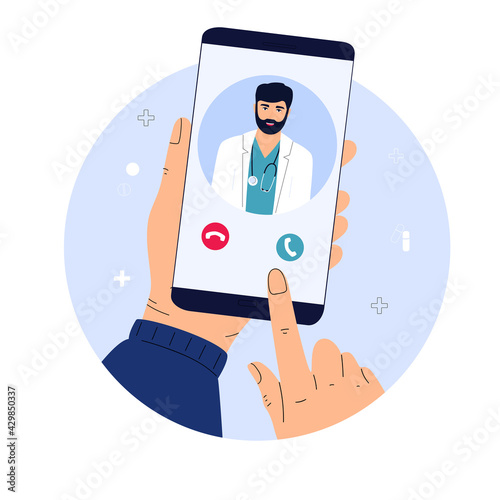 The patient makes a video call to the doctor online. Hands holding smartphone. Telemedicine concept. Medical worker advises a sick person remotely