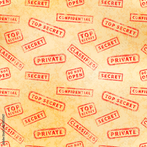 Lot of top secret red vintage grunge stamps on old yellow archive paper, seamless pattern
