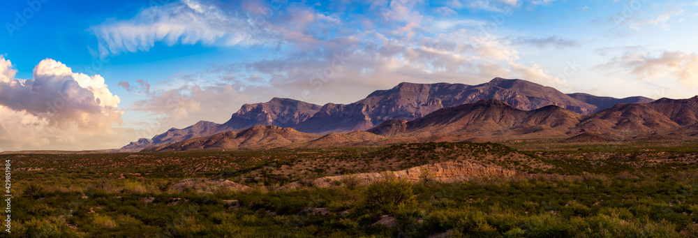 Panoramic American Landscape. Colorful Sunset Sky Art Render. Taken North of El Paso, New Mexico, United States.