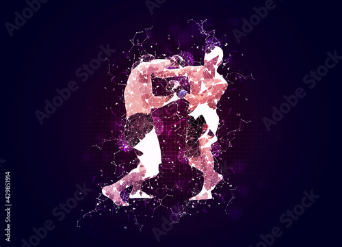 Two MMA Mix Martial Arts fighters illustration with plexus effect over dark blue background,  martial sport concept © gargantiopa