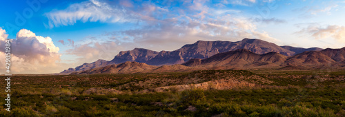 Panoramic American Landscape. Colorful Sunset Sky Art Render. Taken North of El Paso, New Mexico, United States. photo