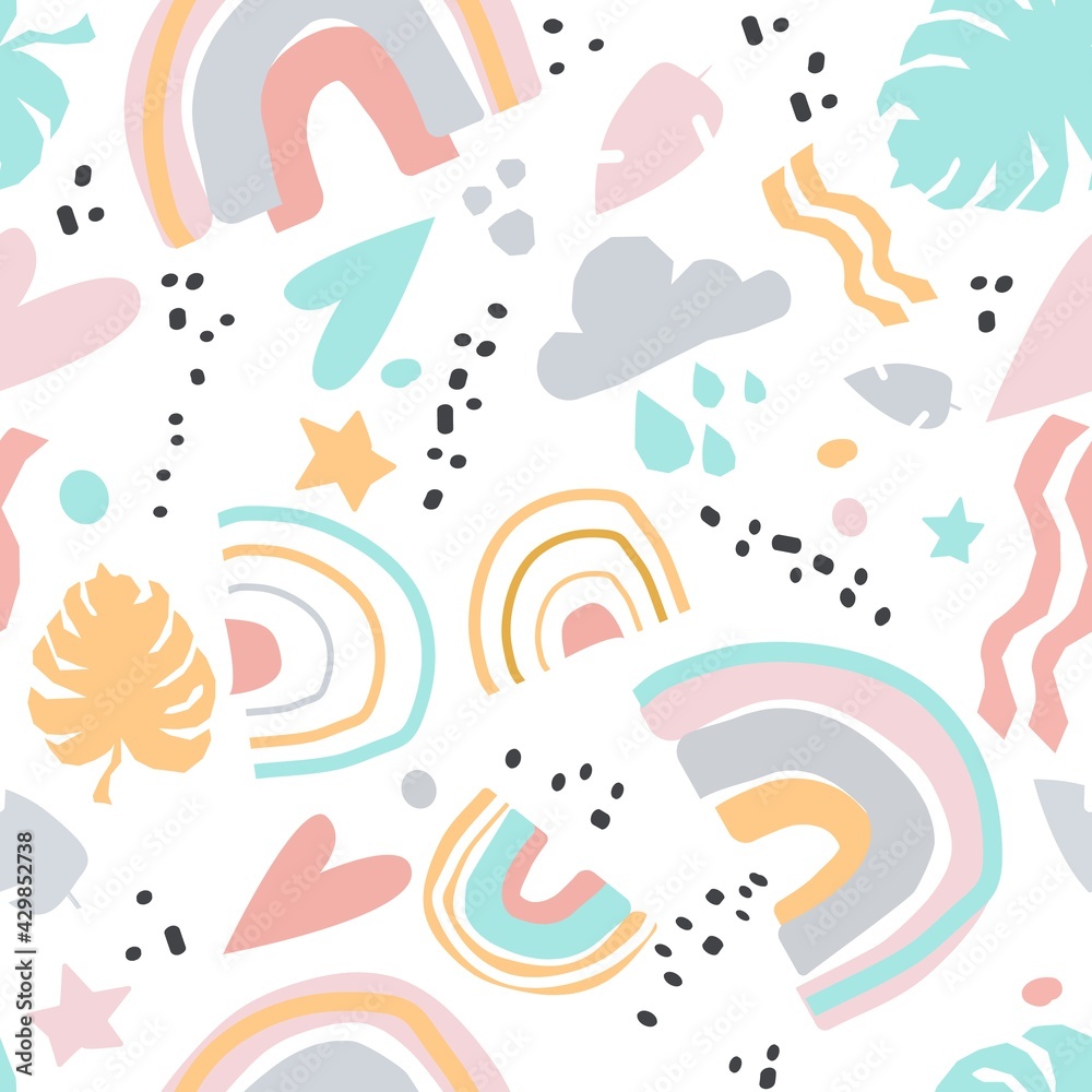 Fluid color badges set. Abstract shapes. Beautiful exotic plants. Trendy summer Hawaii print. Seamless pattern