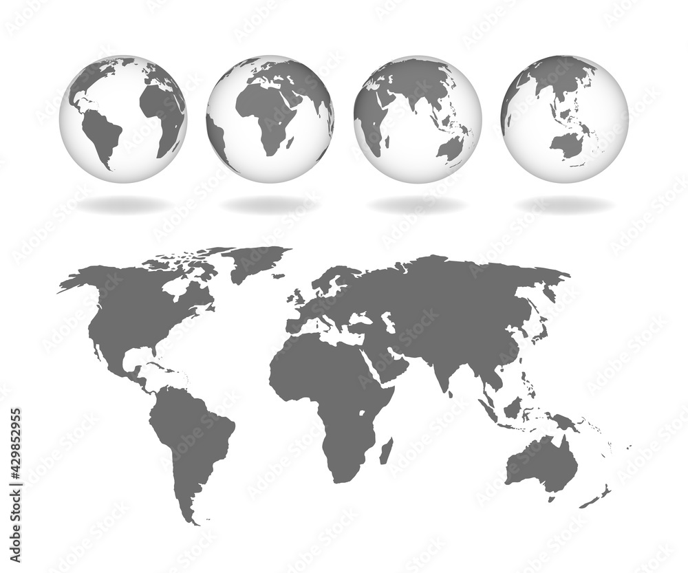 Set of transparent realistic earth globes. World map template with continents. World map in the form of a globe. Transparent texture.. Vector