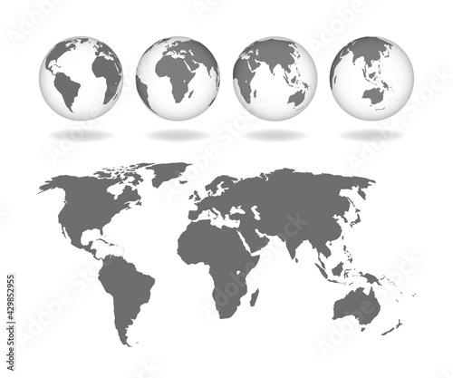 Set of transparent realistic earth globes. World map template with continents. World map in the form of a globe. Transparent texture.. Vector