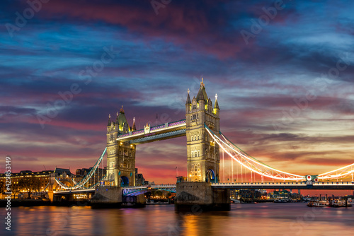 Tower Bridge illuminated at dusk  London  England 