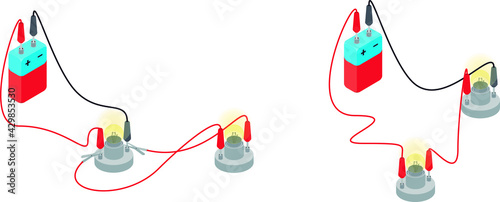 Parallel and series circuits vector illustration, isolated on white background. Simple electrical circuit made of a battery and two lamps.