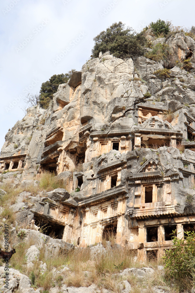 ancient monumental lycian rock-cut tombs in archaeological site Myra near Demre, Turkey with goats grazing among them 