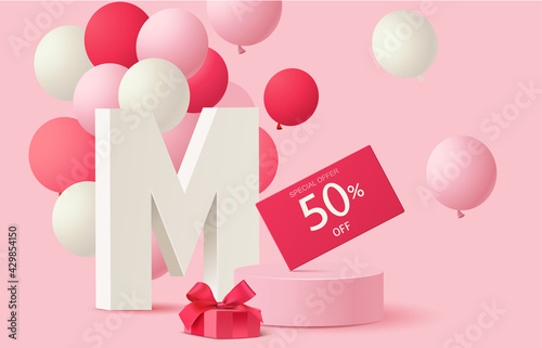 Mothers day sale design template. Pink stage with discount tag, gift box and pink balloon. Round poduim. Vector stock illustration.