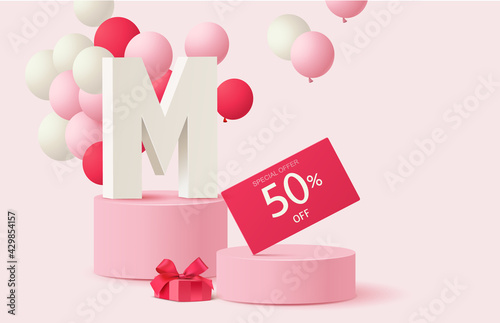 Mothers day sale design template. Pink stage with discount tag, gift box and pink balloon. Round poduim. Vector stock illustration.