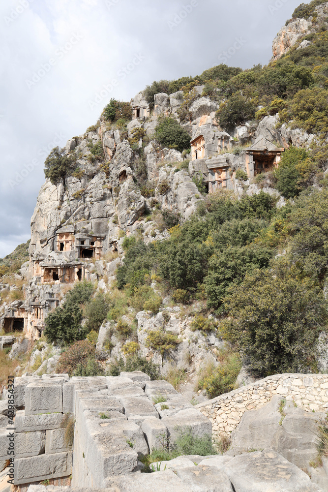 archaeological site of Myra in Turkey plundered ancient lycian tombs and ruins of roman theatre