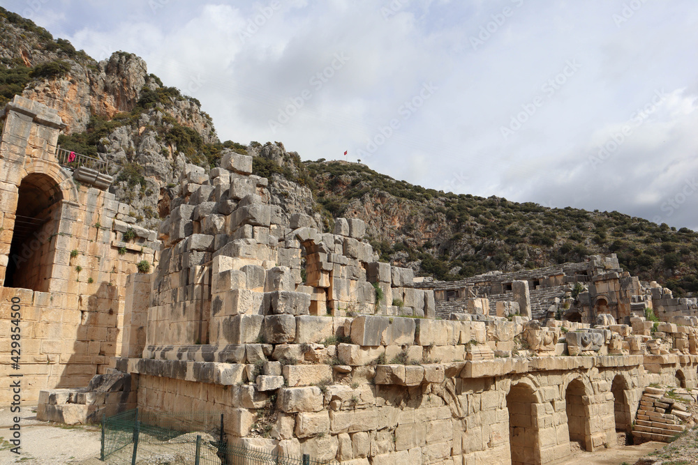 view to the ruins of ancient roman theatre amphitheatre of Myra near Demre, Turkey