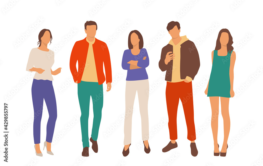  Set of young men and women, different colors, cartoon character, group of silhouettes of standing business people, students, the design concept of flat icon, isolated on white background