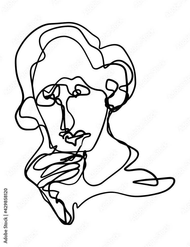 Contemporary abstract female face. Minimalistic elegant woman portrait. Hand drawn vector illustration. Continuous line drawing isolated on white. Modern style element for design, card, prints, decor. Contemporary abstract female face. Minimalistic elegant woman portrait. Hand drawn vector illustration. Continuous line drawing isolated on white. Modern style element for design, card, prints, decor.