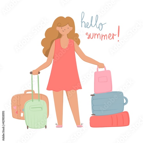 A young girl holds suitcases of different shapes. Hello summer. Flat illustration isolated on white background.