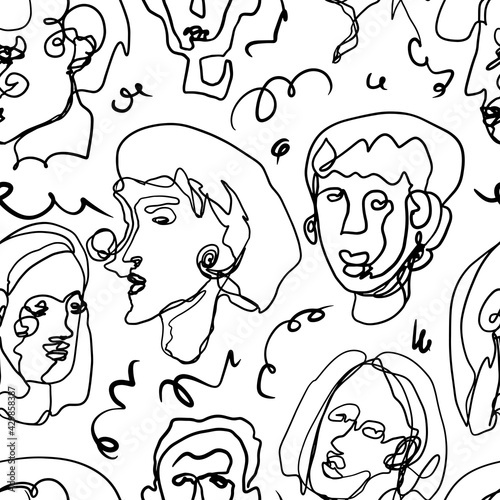 Abstract female faces and scribble. Minimalistic elegant women portraits. Vector seamless pattern. Continuous line art ornament. Modern design for wallpaper, prints, textile, fabric, wrap, background.