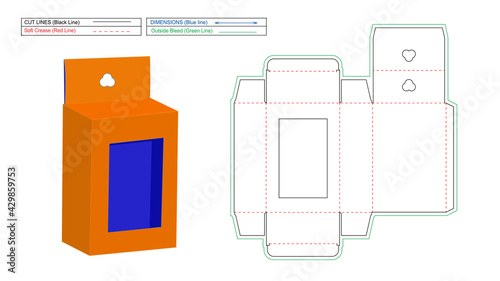 Hang tag box with window, square window, Mobile charger tuck end resizeable box with holder dieline template and 3D vector render