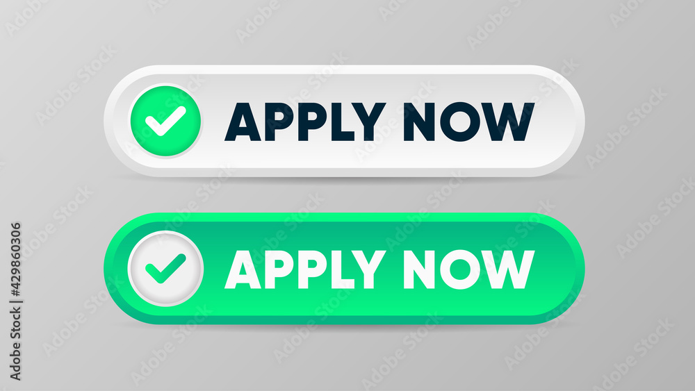 Fototapeta premium Apply now buttons in 3d gradient style. Two-colors options with checkmark sign. Vector illustration for web services, application or websites.
