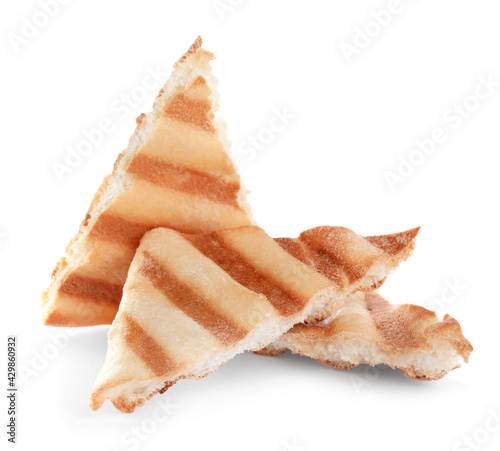 Delicious crispy pita chips on white background