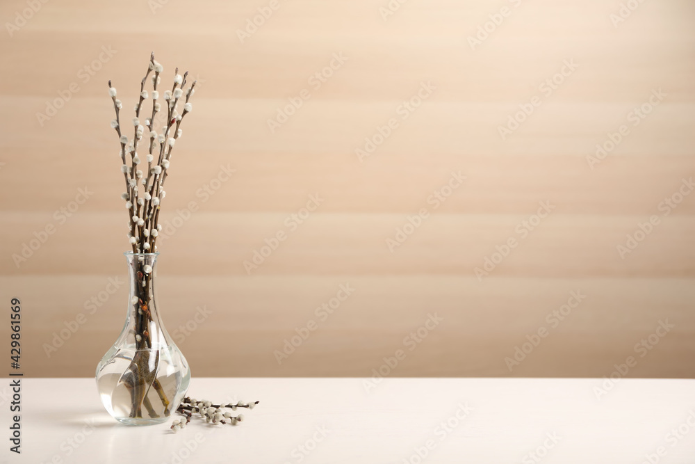 Beautiful pussy willow branches on white table, space for text