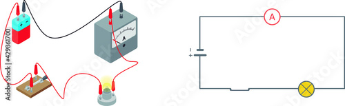 Vector illustration of an electric circuit diagram, isolated on white background. Electric circuit made of a battery, a switch, a lamp and an ammeter.