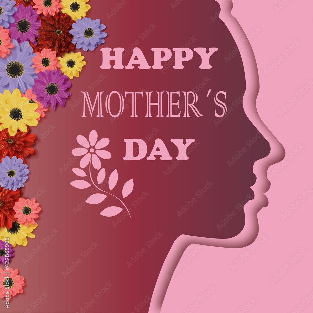 Happy Mother's Day. Greeting card, banner. Profile of a mother studded with colorful natural flowers. Gentle pink background. Congratulatory text. 
