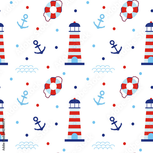 Marine seamless background with lighthouse, anchors, lifebuoy and polka dots. Red, blue, white vector pattern. Backdrop on the theme of travel, vacation, adventure. For textiles and typography.