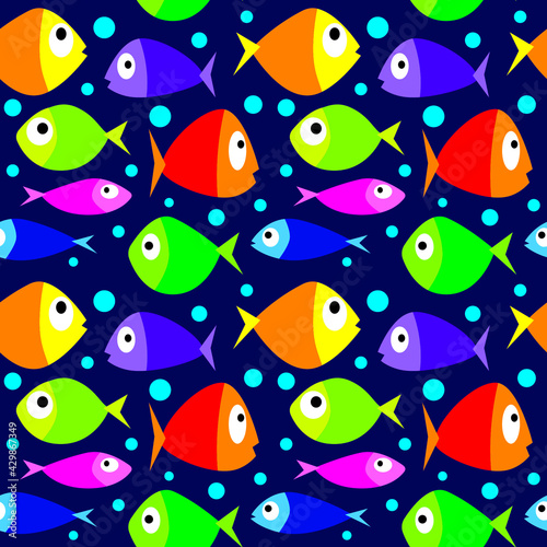 Colorful stylized cartoon funny fish seamless pattern. Vector illustration. 