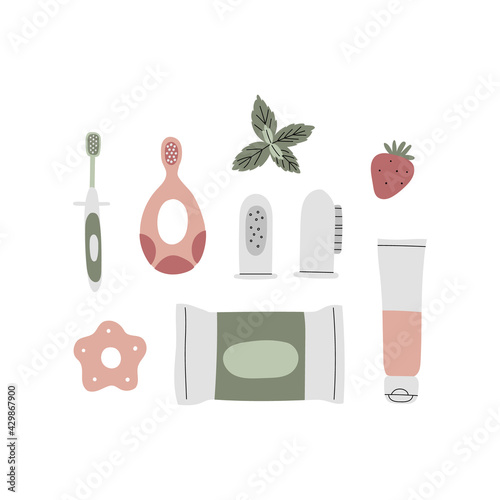 Babies oral care vector set. Hand drawn cute color illustration of dental hygiene tools for baby. Toothpaste, toothbrushes, tooth tissues, wipes, gum brush, teether