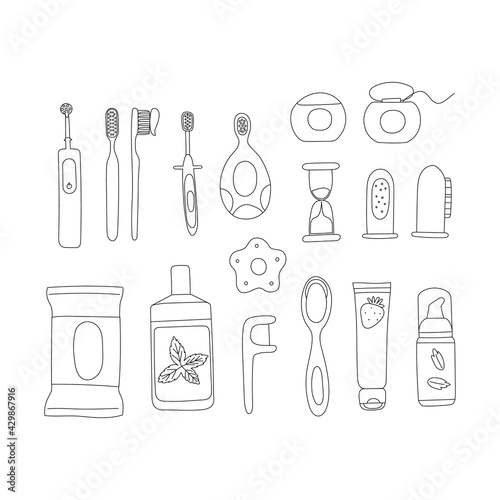 Kids and babies oral care vector set. Hand drawn cute line illustration of dental hygiene tools for child.