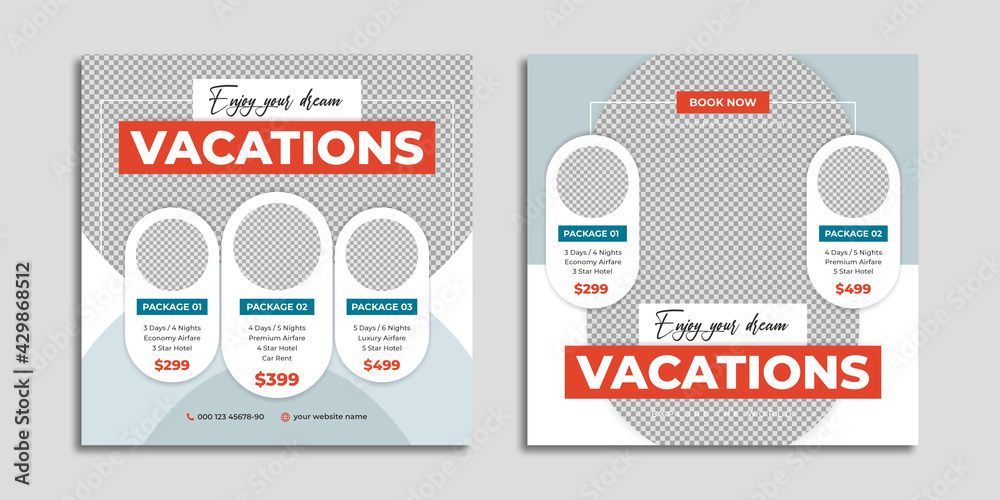 Travel agency social media post template design. Summer holiday tour