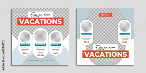 Travel agency social media post template design. Summer holiday tour, travelling banner or poster for online digital marketing. Tourism business promotion & advertisement flyer with graphic background