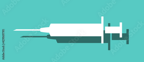 Vaccine Jab Syringe Needle Flat Icon with Shadow on Blue Background. Vector Image.