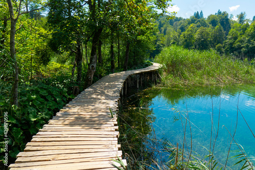 Croatia. Plitvice Lakes National Park. Walking wooden path along the lake with crystal turquoise water. Popular tourist spot. Listed as a UNESCO World Heritage Site