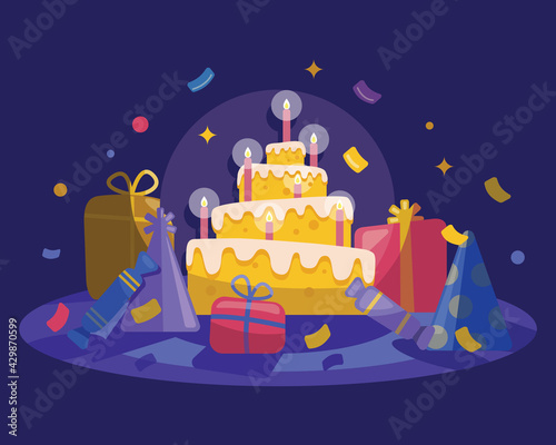 Vector birthday illustration cake with candles and presents