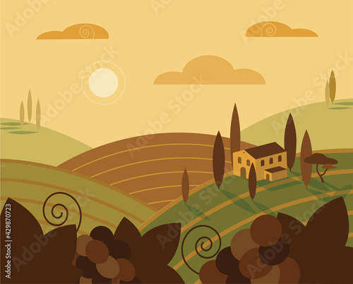 Itallian winery sunset landscape vector colorful illustration