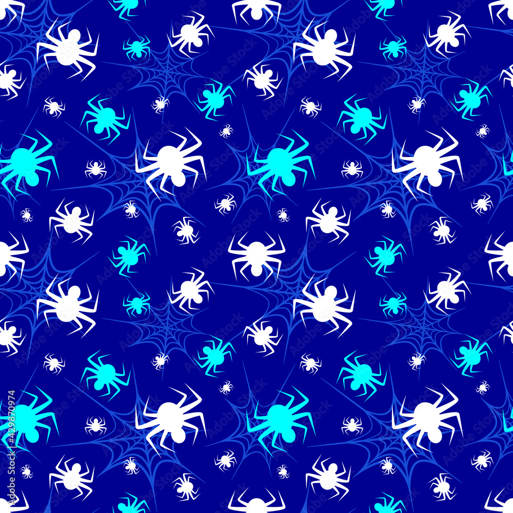 Blue and white spiders and spiderweb on blue background seamless pattern. Vector illustration. Blue and white spiders and spiderweb on blue background seamless pattern. Vector illustration.