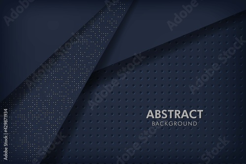 Dark abstract background navy blue with black overlap layers. Circle Texture with white and golden glitters dots element decoration.