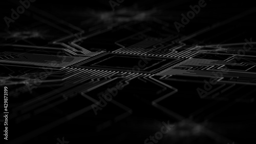 CPU on motherboard, abstract design. PCB, electronic board, background. Futuristic technology background. Electronics, computer processor.