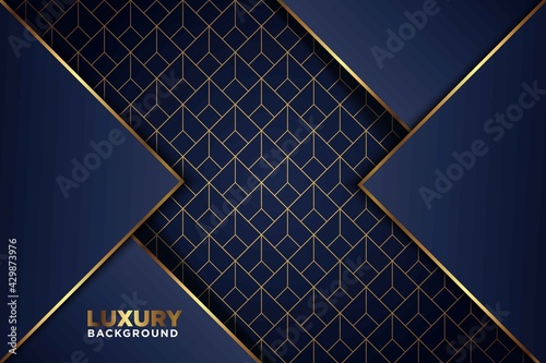 luxurious dark navy gold line overlap with circle and rectagle mesh pattern combination background. elegant modern futuristic technology background vector illustration photo