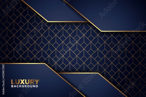 luxurious dark navy gold line overlap with circle and rectagle mesh pattern combination background. elegant modern futuristic technology background vector illustration