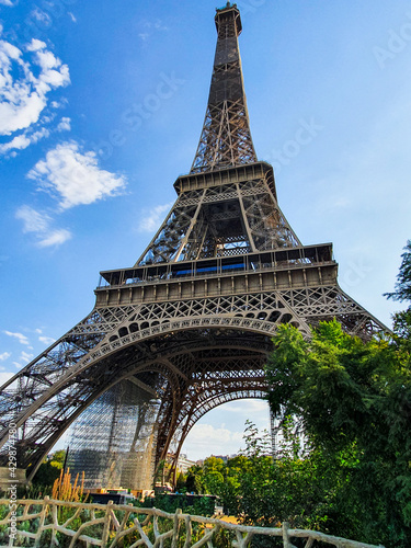 Close angle view of the Eiffel tower in Paris, France.