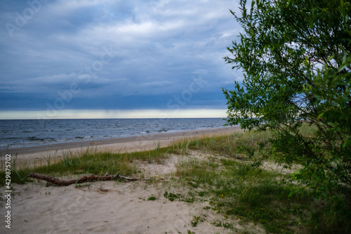 empty sandy beach by the sea with rocks