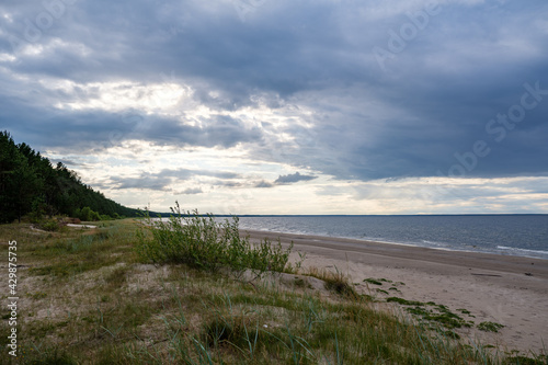 Fototapeta Naklejka Na Ścianę i Meble -  empty sandy beach by the sea with rocks