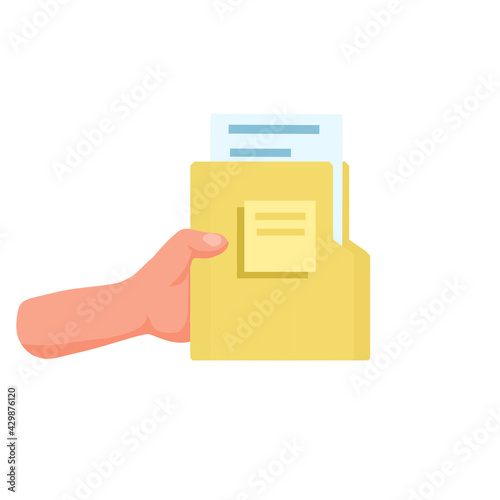 Hand hold file. Yellow folder with documents. Paper pages. Work in the office. Flat cartoon illustration isolated on white