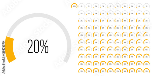 Set of circular sector arc percentage diagrams meters progress bar from 0 to 100 ready-to-use for web design, user interface UI or infographic - indicator with yellow