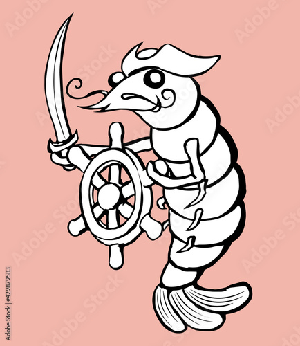 Black and white vector illustration of smiling pirate shrimp with saber and steering wheel in hands