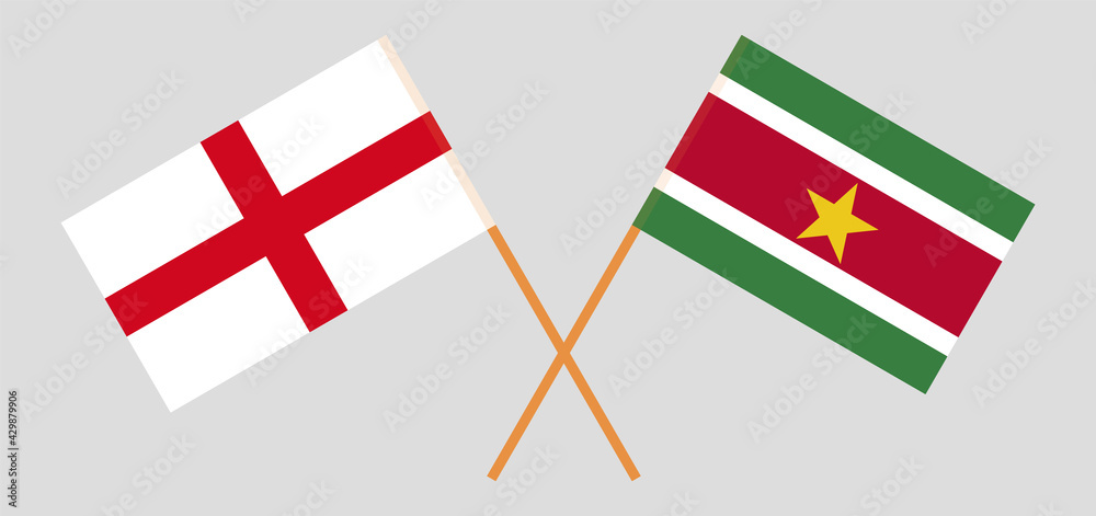 Crossed flags of England and Suriname. Official colors. Correct proportion
