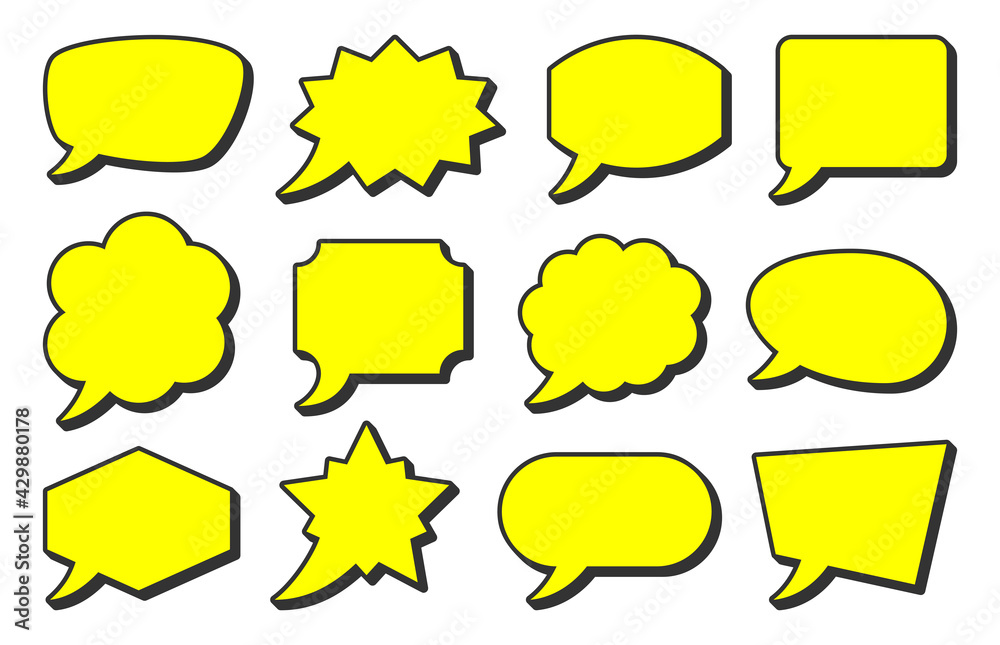 Retro sketch speech bubble icon set. Yellow cartoon pop art bubbles with black contour. Vector design fun comic page dialog text message balloon template shapes. Boom, burst, wow effect empty frame Retro sketch speech bubble icon set. Yellow cartoon pop art bubbles with black contour. Vector design fun comic page dialog text message balloon template shapes. Boom, burst, wow effect empty frame