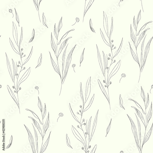 floral seamless pattern. Black and white background with wildflowers and herbs. Hand drawing pencil, outline, sketch
